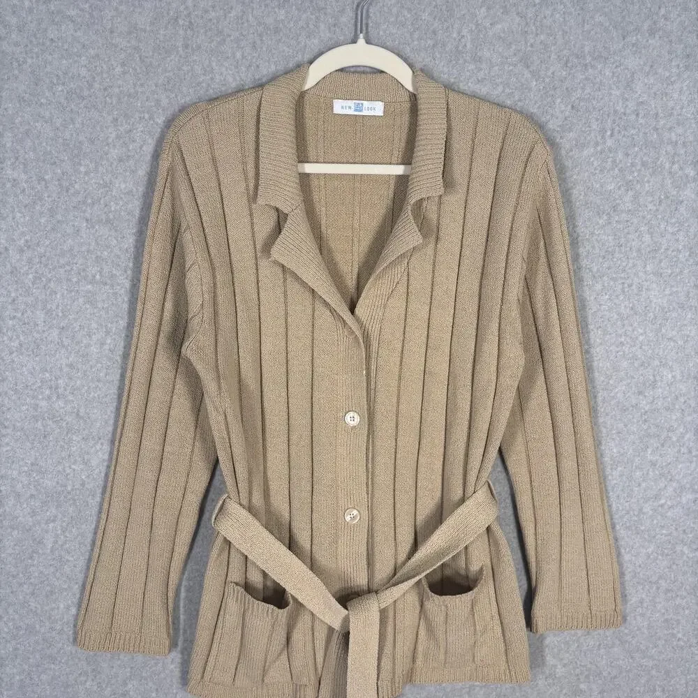 New Look Cardigan Sweater Large Tan Pockets Ribbed Neutral Quiet Luxury Academia